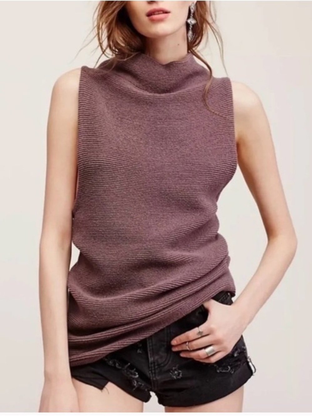 Free People Sleeveless Cowl Neck Knit Tank - Mauve XS